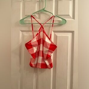 Size large red white checkered plaid cross front back straps cropped crop tank